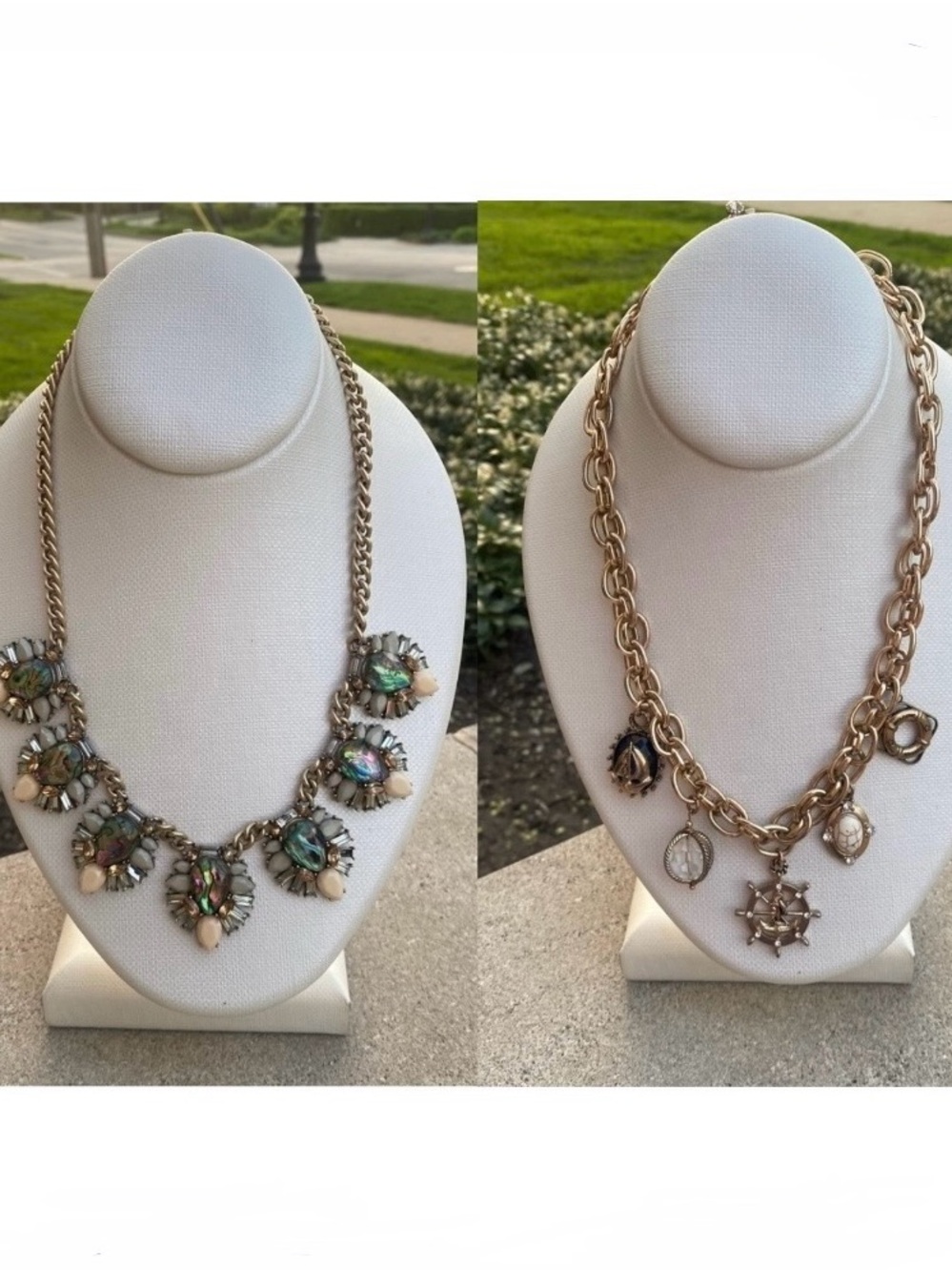 Francesca's Collections 2 Gold-Tone Statement Necklaces Iridescent & Sailor Blue